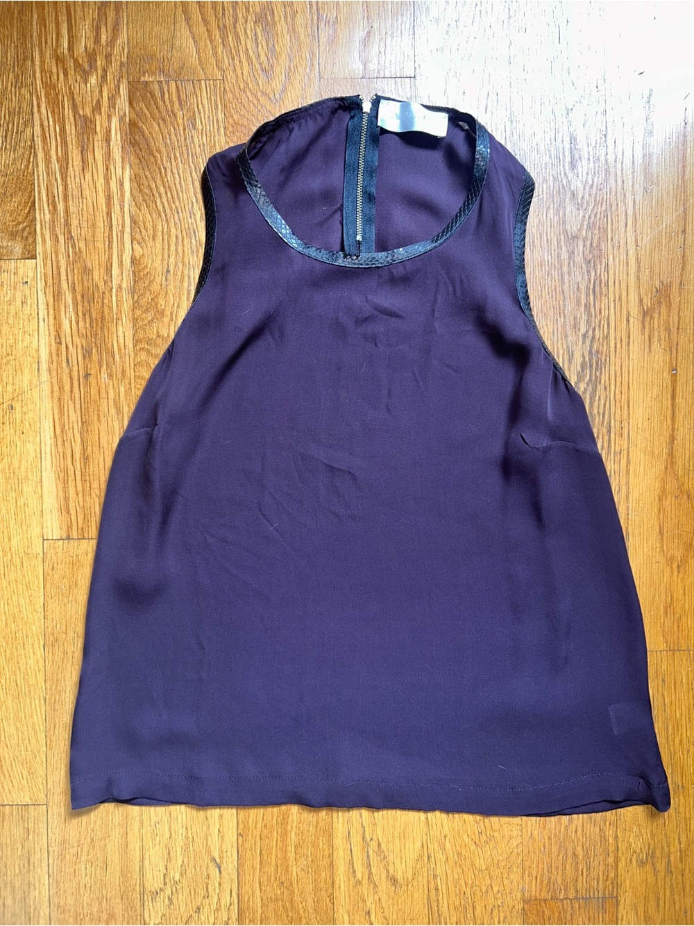 A.L.C. purple silk satin sleeveless scoop neck tank snakeskin trim zip back S